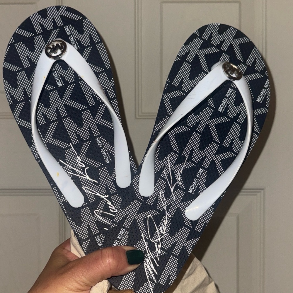 Michael Kors Monogram Navy and White Sandals with silver MK logo